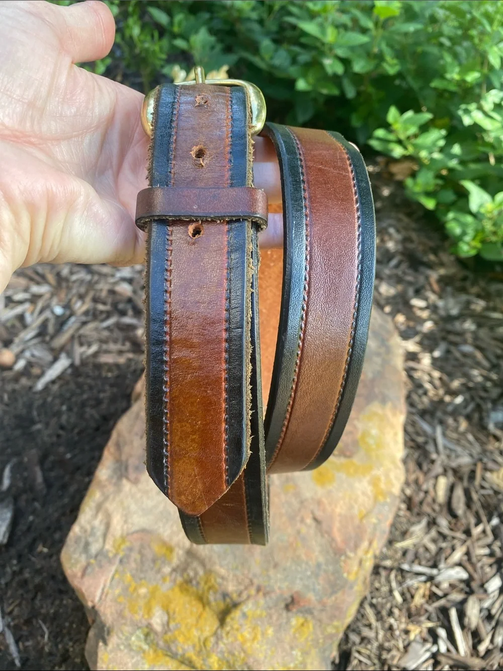 Two-Tone Brown Leather Belt with Black Edges & Brass Buckle